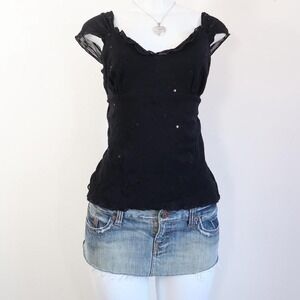 y2k BABYDOLL black sequin flutter sleeve fairycore top
